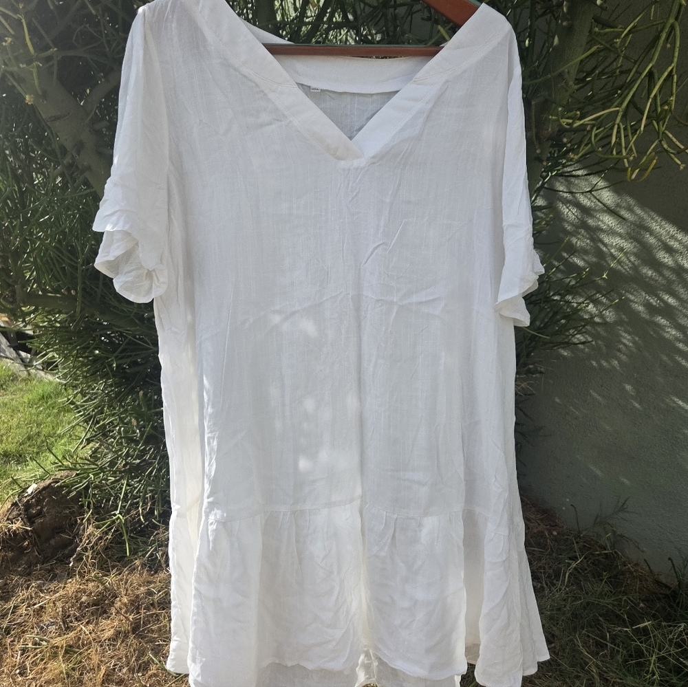 White V-Neck Ruffle Beach Cover Dress